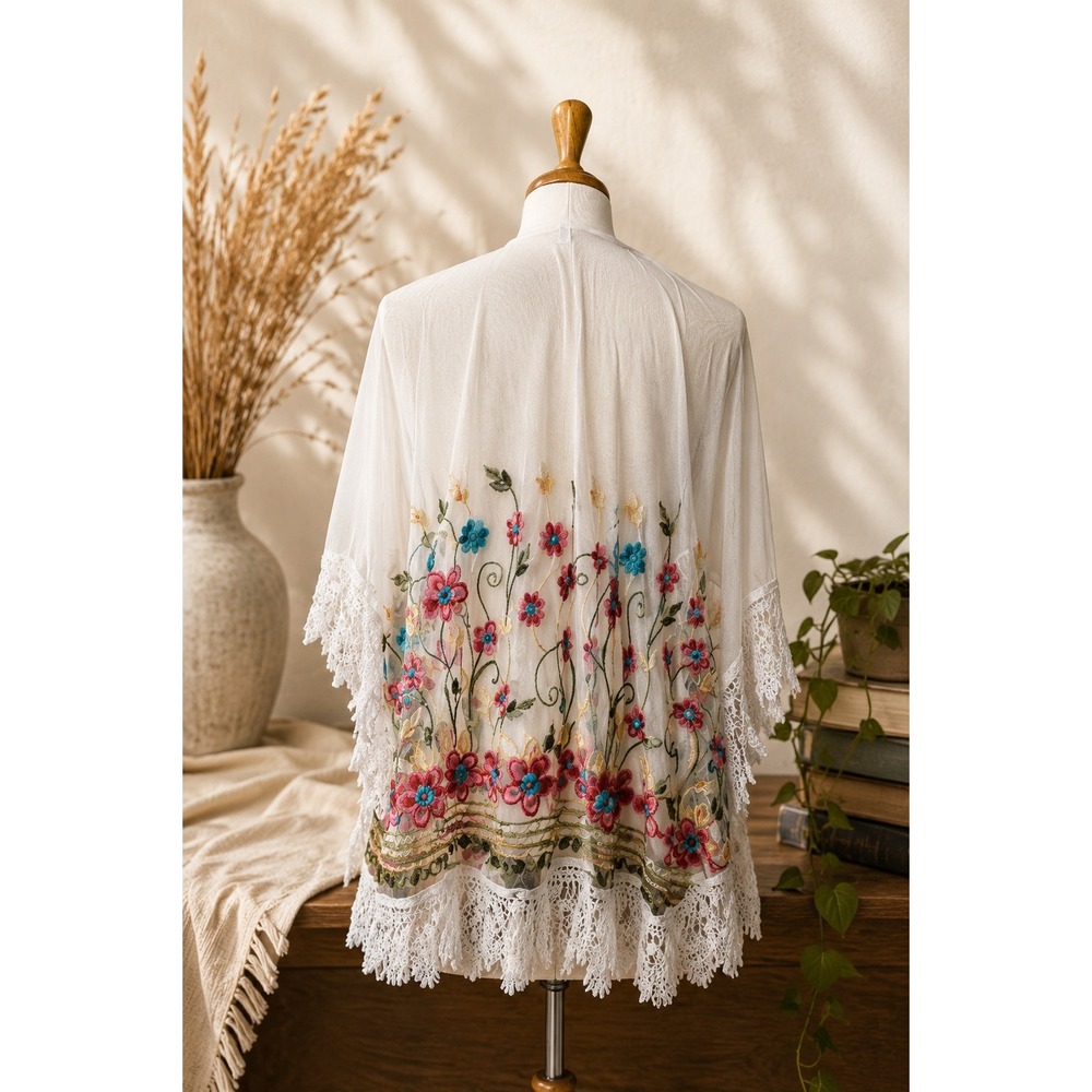 Embroidered Floral Sheer Shawl Wrap Fringe Boho Festival Kimono One Size
